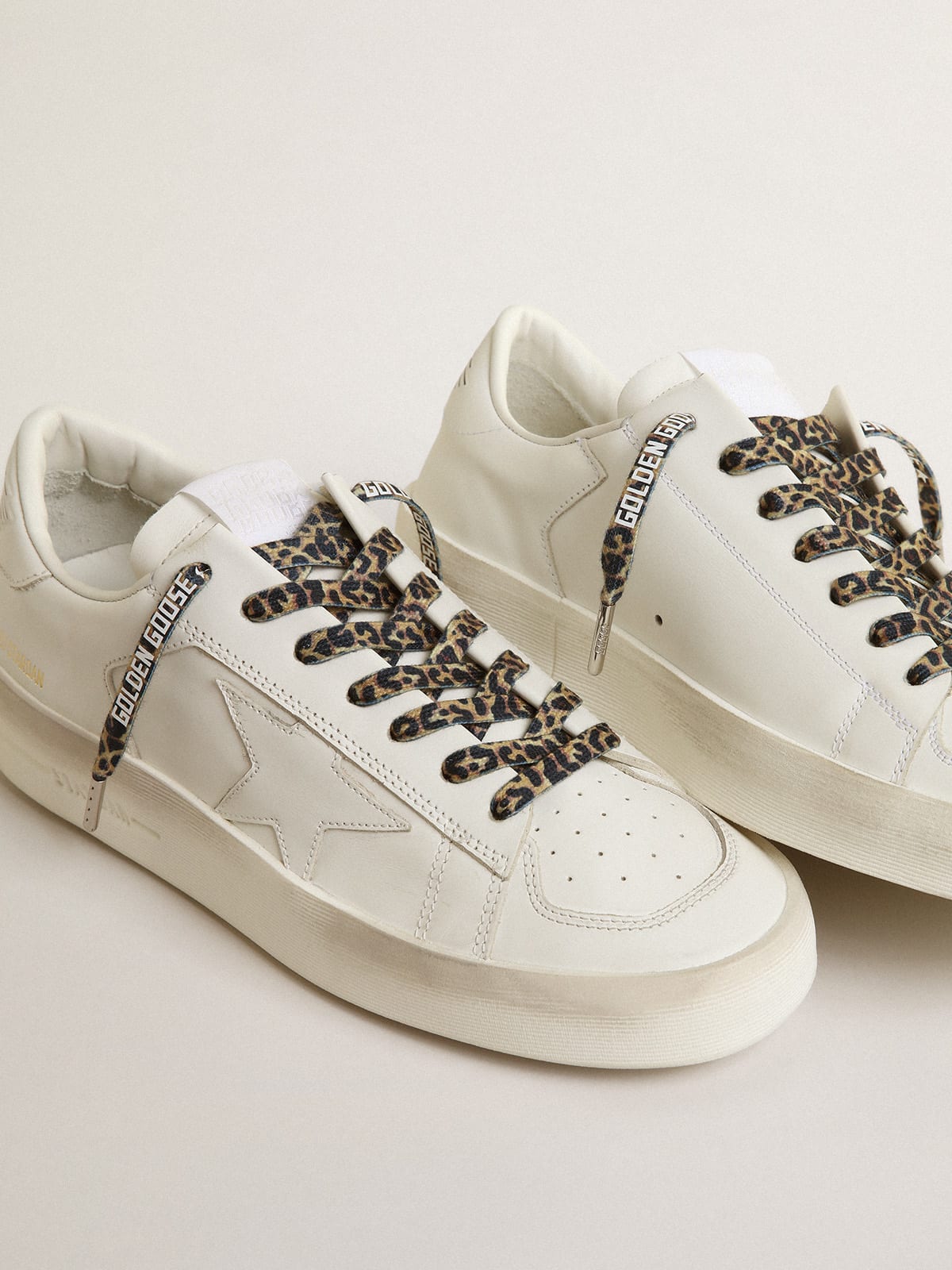 Golden Goose - Beige and brown leopard-print laces with contrasting white logo in 