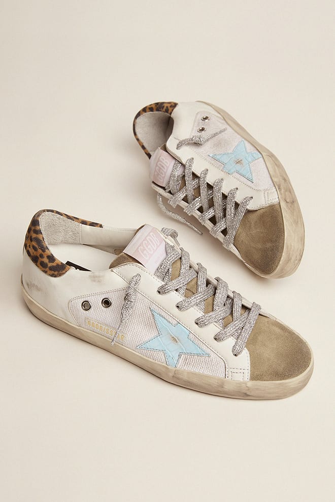 Super Star in canvas and leather with light blue star and leopard heel tab