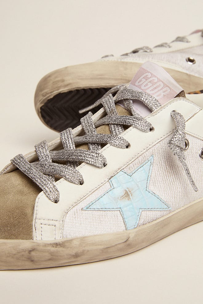 Super Star in canvas and leather with light blue star and leopard heel tab