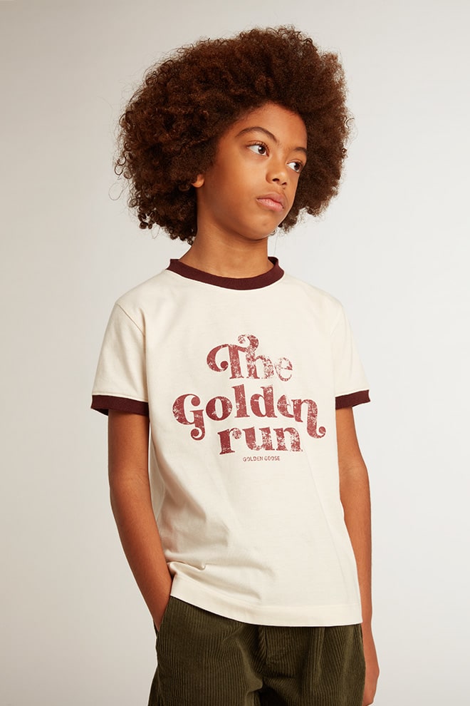 Golden Goose - T-shirt pour garçon en coton blanc avec imprimé décoloré au centre in 