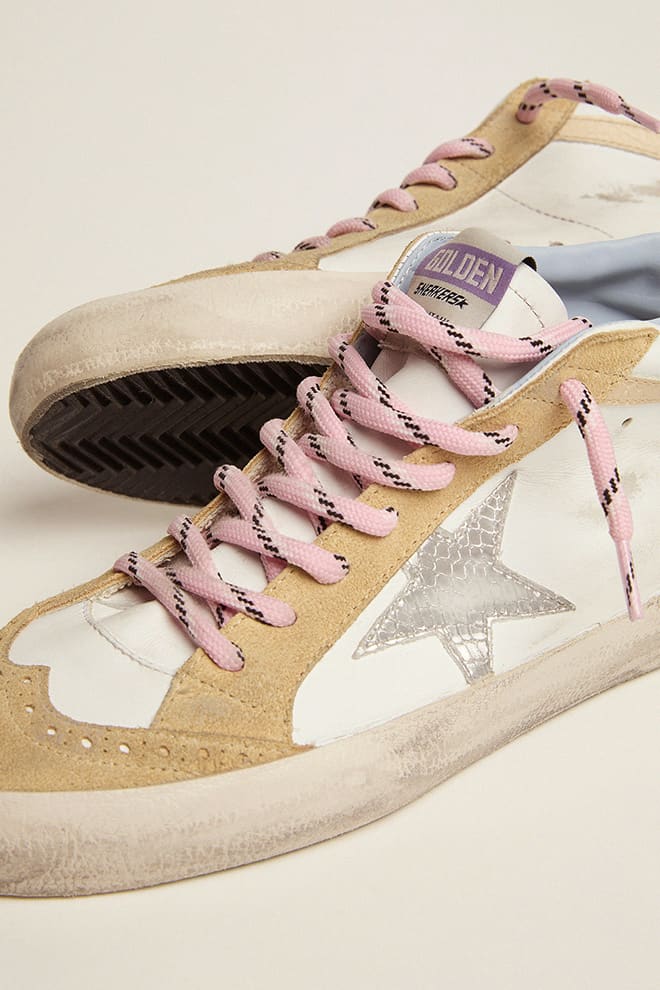 Golden Goose - Mid Star with silver star and cream snake-print leather flash in 