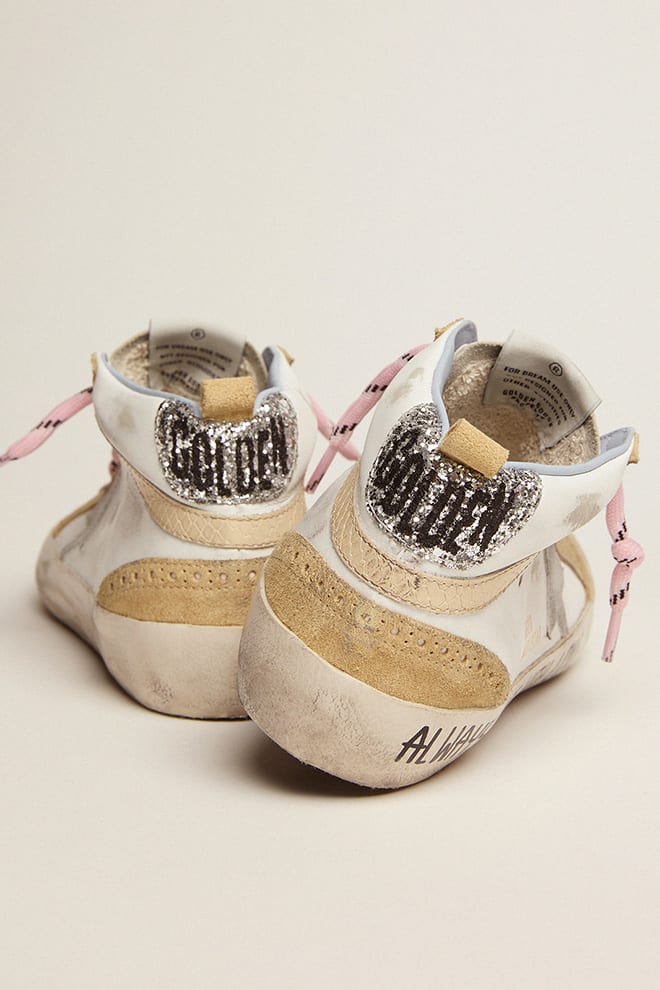 Golden Goose - Mid Star with silver star and cream snake-print leather flash in 