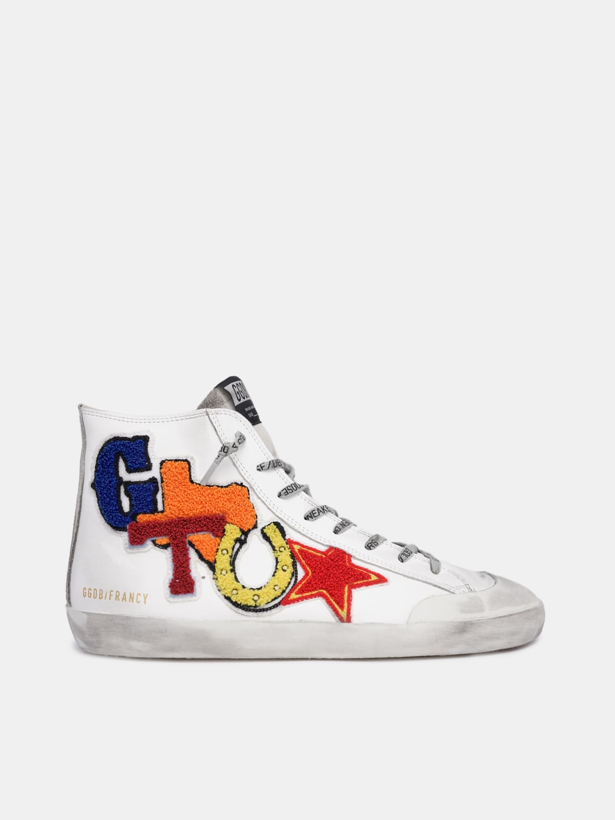 White Francy sneakers with multi-coloured writing in terry fabric