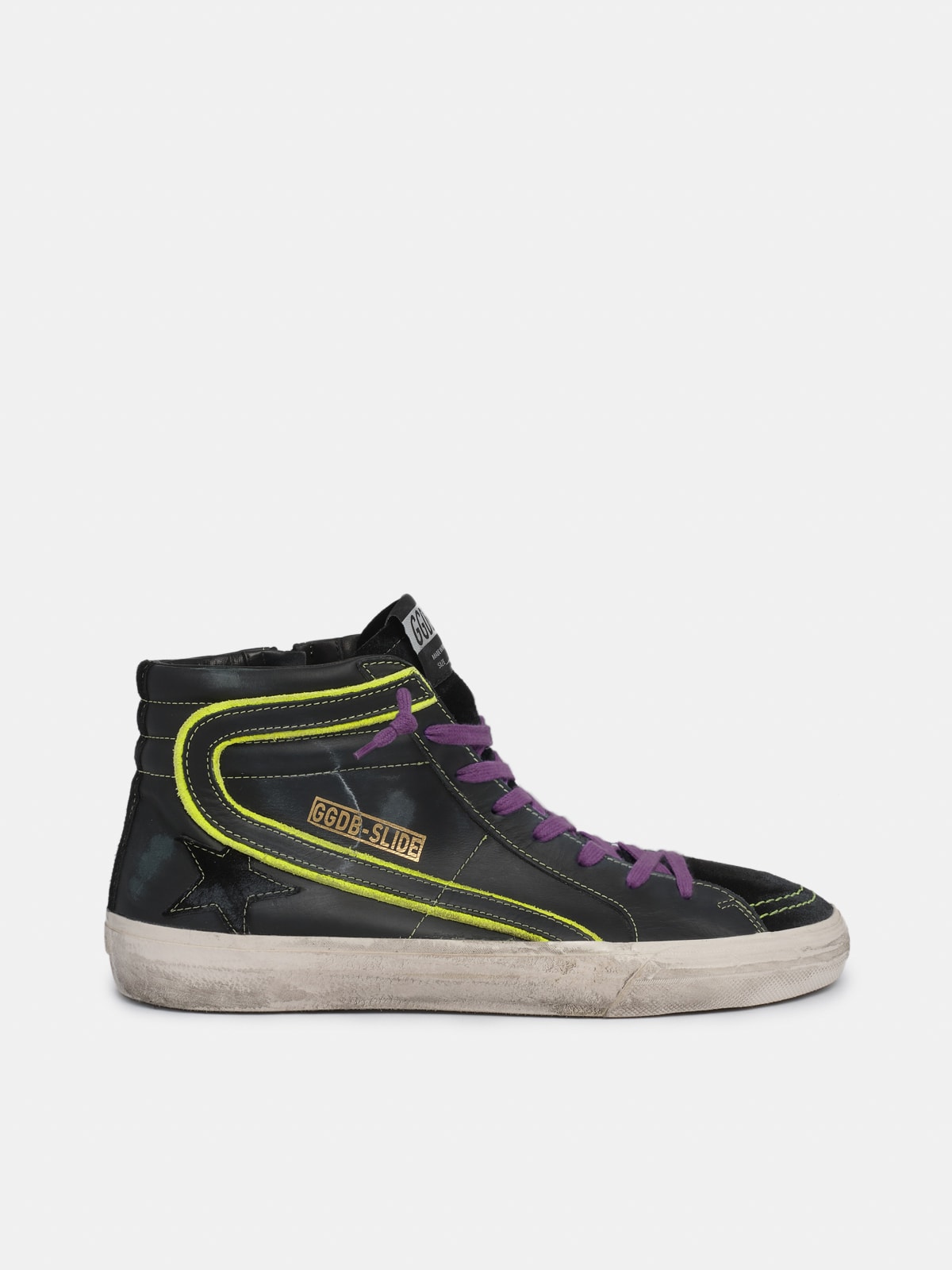 Sneakers Slide in pelle e suede con inserti giallo fluo e lacci viola