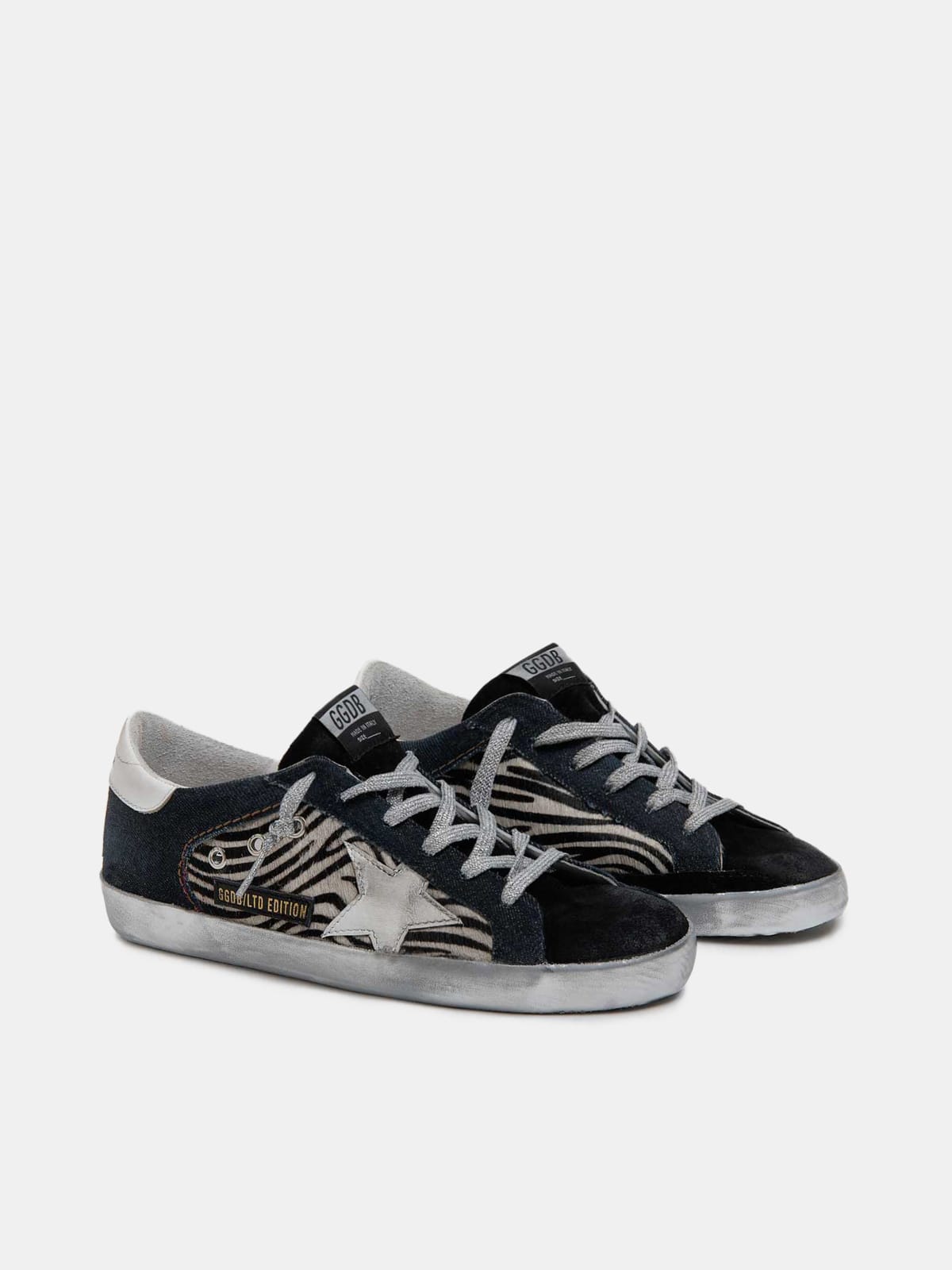 LAB Limited Edition Super-Star sneakers in denim, zebra-print pony skin and  suede | Golden Goose