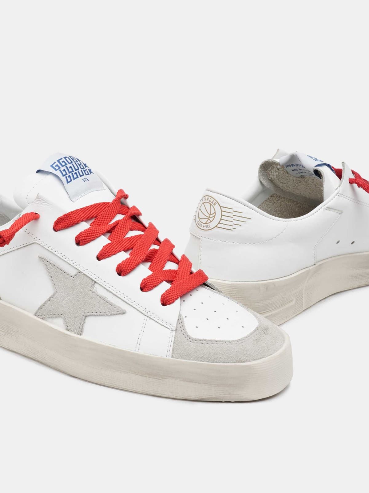 Stardan Sneakers in total white leather with suede inserts and contrasting  red laces | Golden Goose
