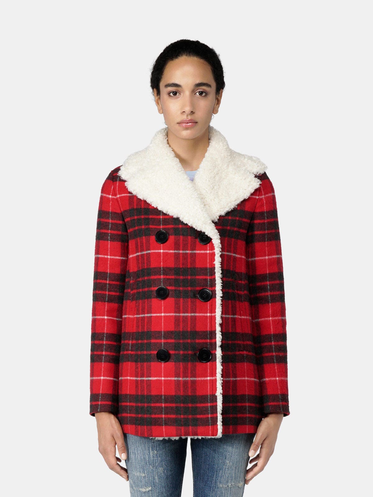 Alida pea coat in tartan with shearling lining | Golden Goose