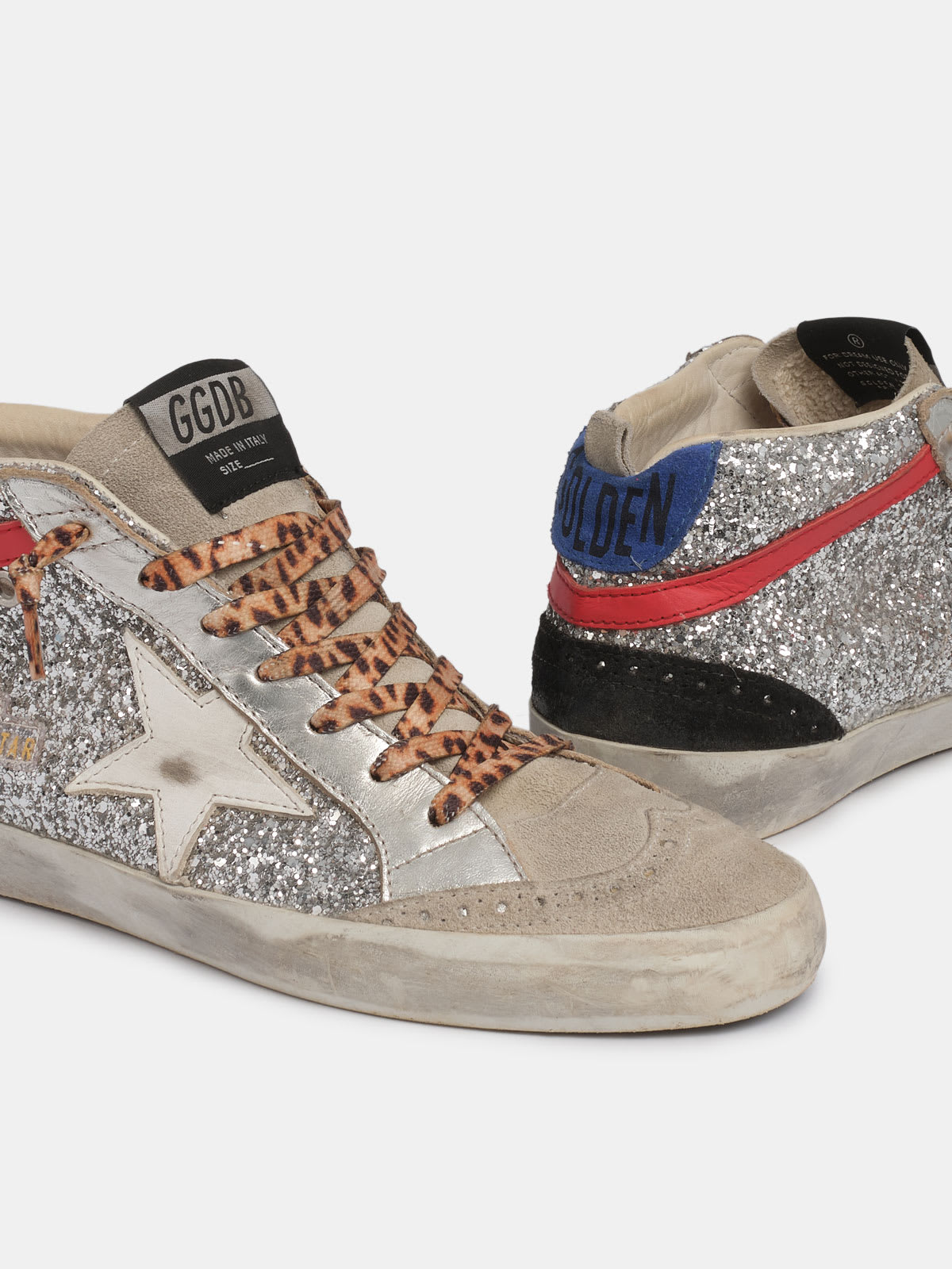 Mid Star sneakers in silver glitter with leopardprint laces and blue