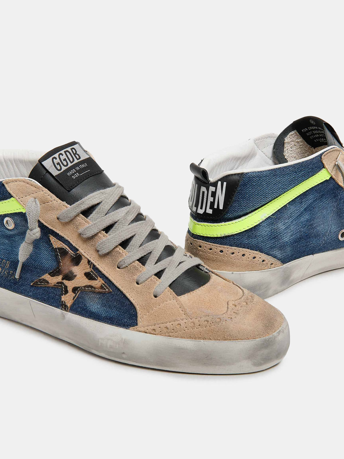 Mid Star sneakers in denim and suede with leopard-print pony skin star |  Golden Goose