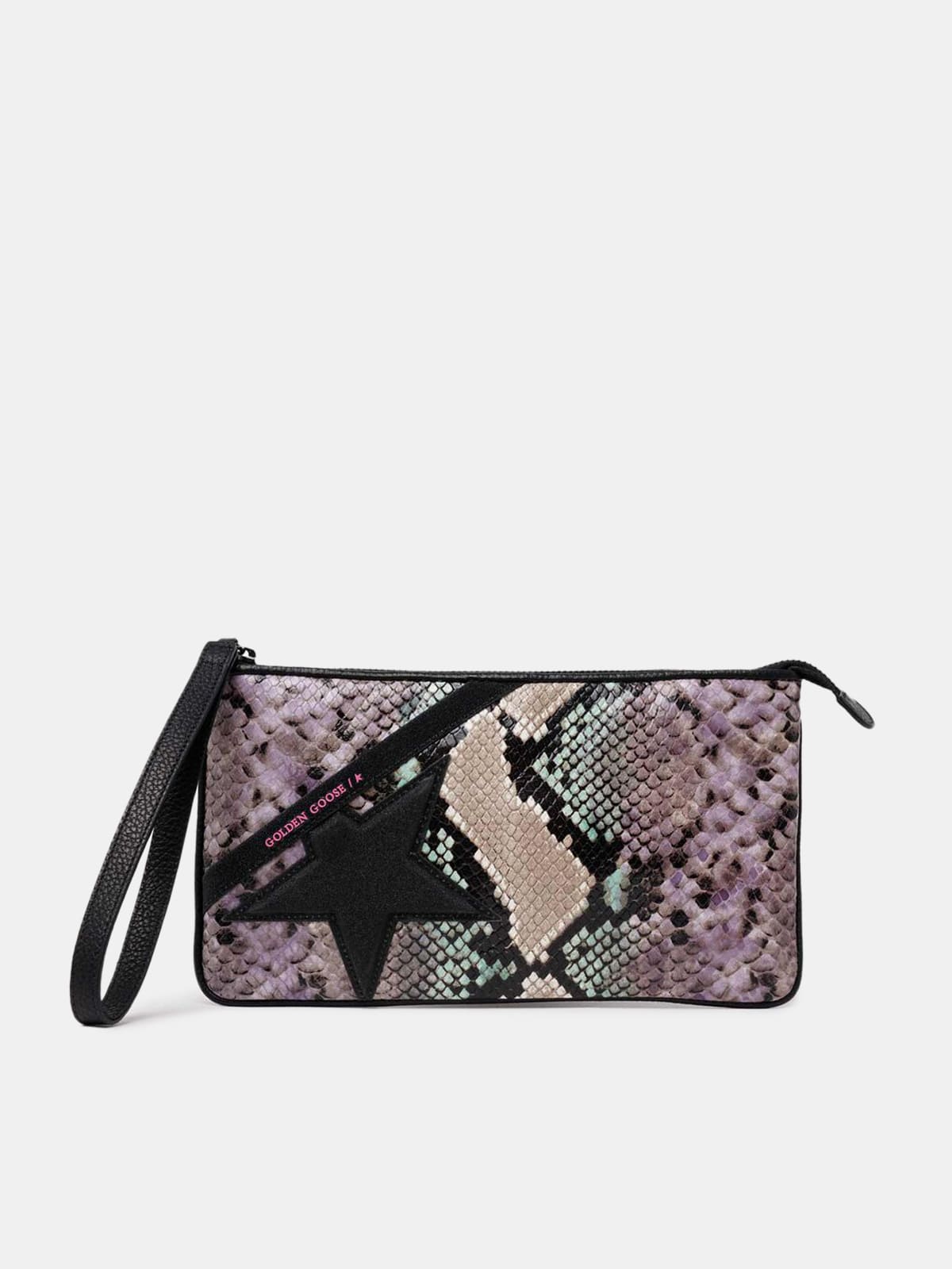 Star Wrist clutch bag with python print and glitter star