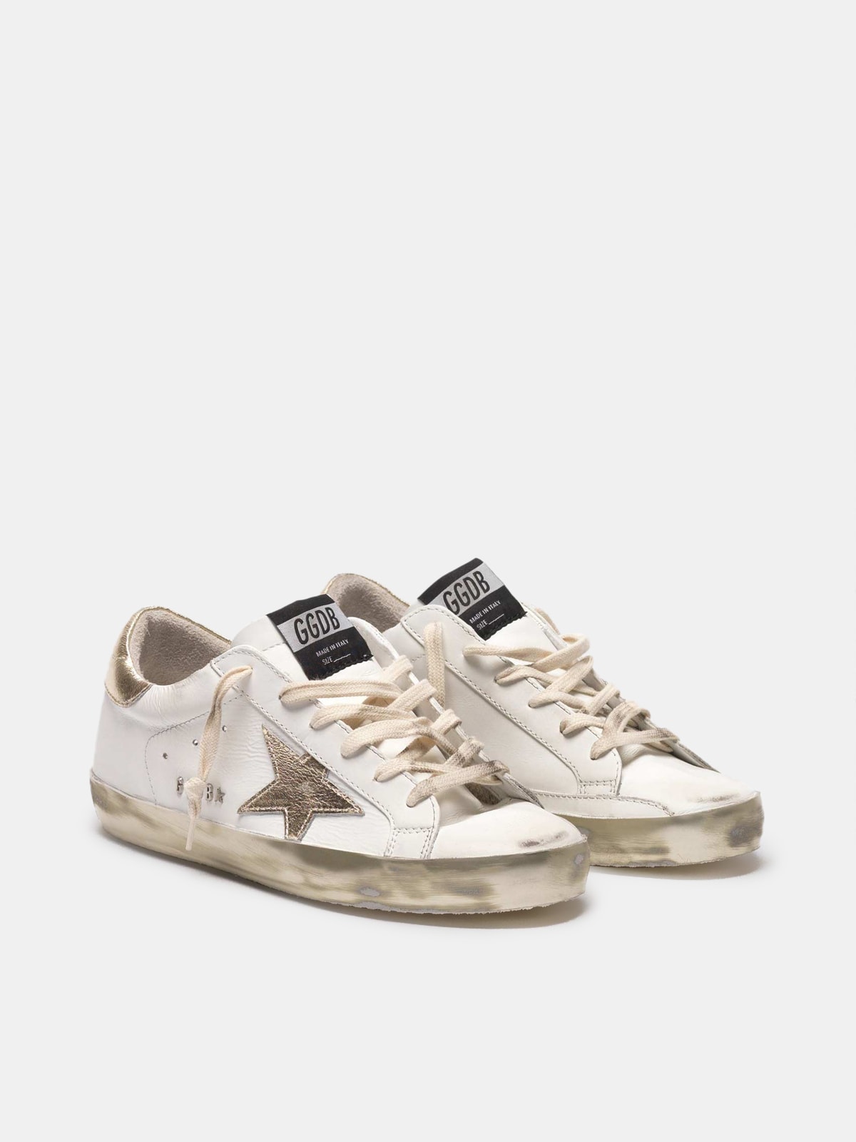 Super-Star sneakers with gold sparkle foxing and metal stud lettering |  Golden Goose