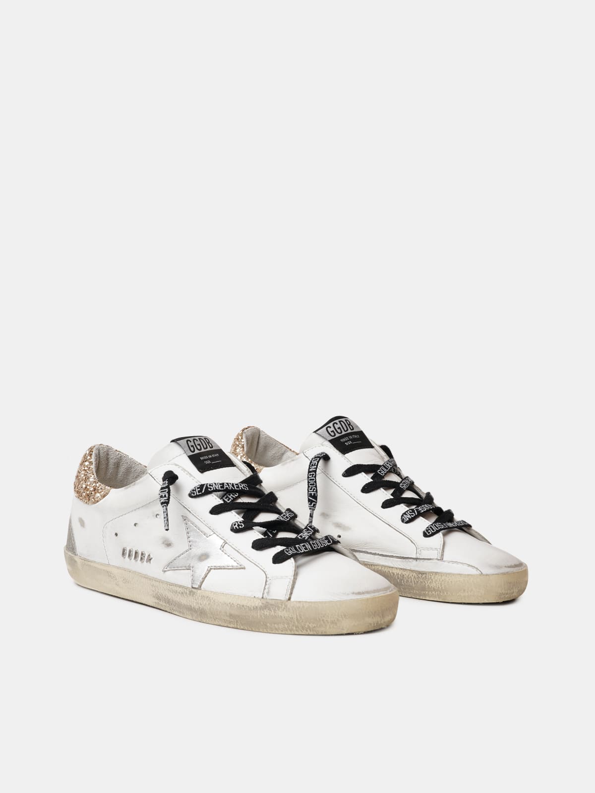 Golden Goose - White leather Super-Star sneakers with glittery heel tab in 