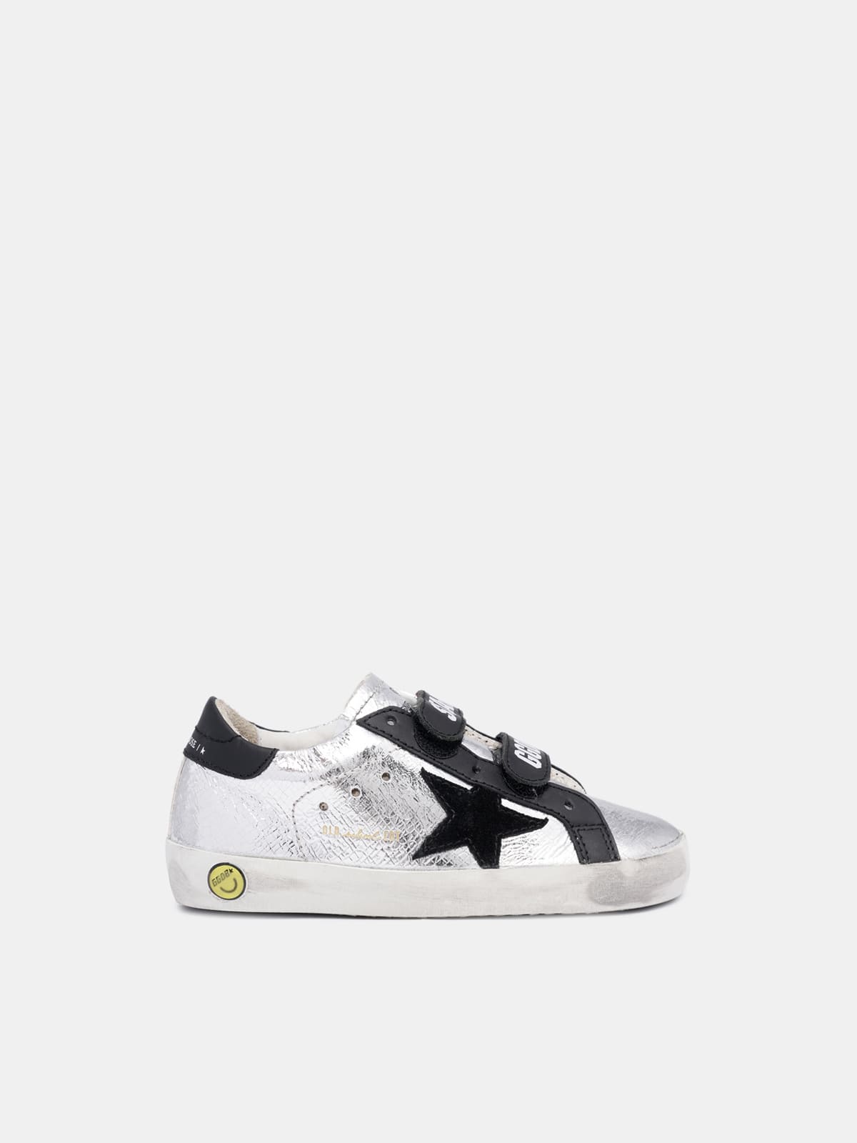Old School sneakers in crackle-effect silver leather and black suede star |  Golden Goose