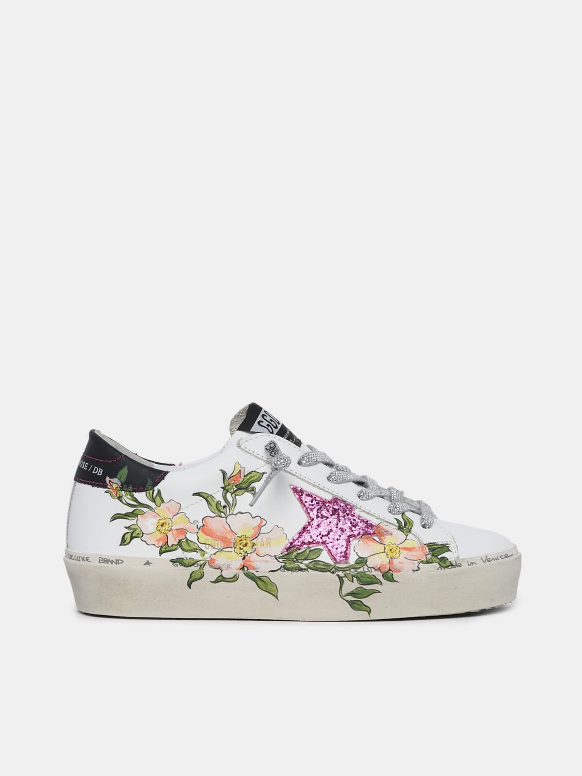 Hi-Star sneakers with hand-painted flowers and fuchsia star with glitter |  Golden Goose