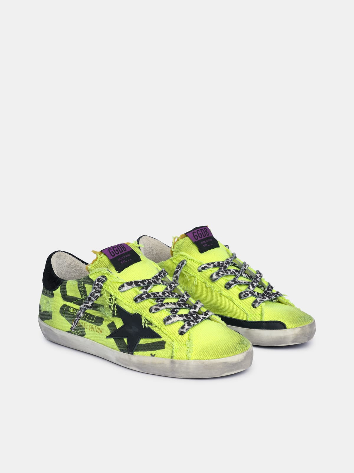 Golden Goose - Super-Star sneakers in fluorescent yellow cotton with contrasting black decorations in 