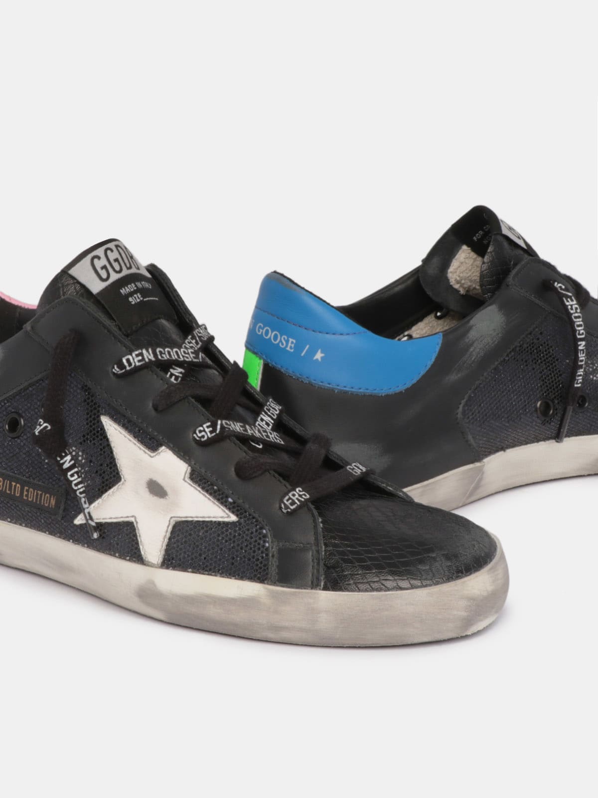 LTD Super-Star sneakers in snake-print leather and glitter with colored  inserts | Golden Goose