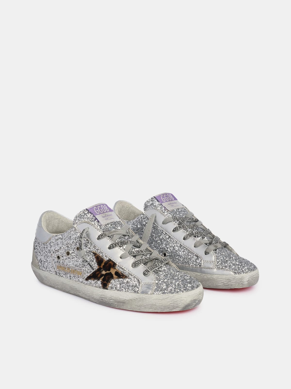 Super Star sneakers with silver glitter and leopard print pony skin star