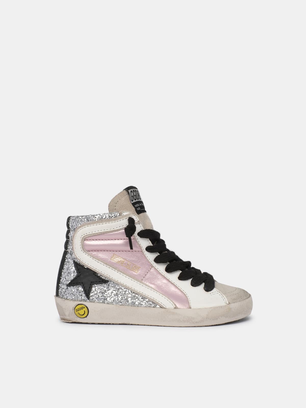 Slide sneakers with glitter upper and laminated pink leather insert ...