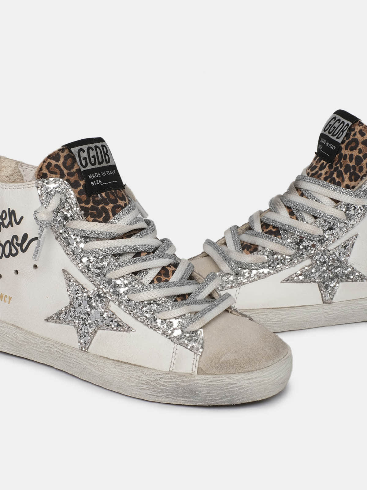 Francy sneakers with leopardprint insert and twotone white and silver