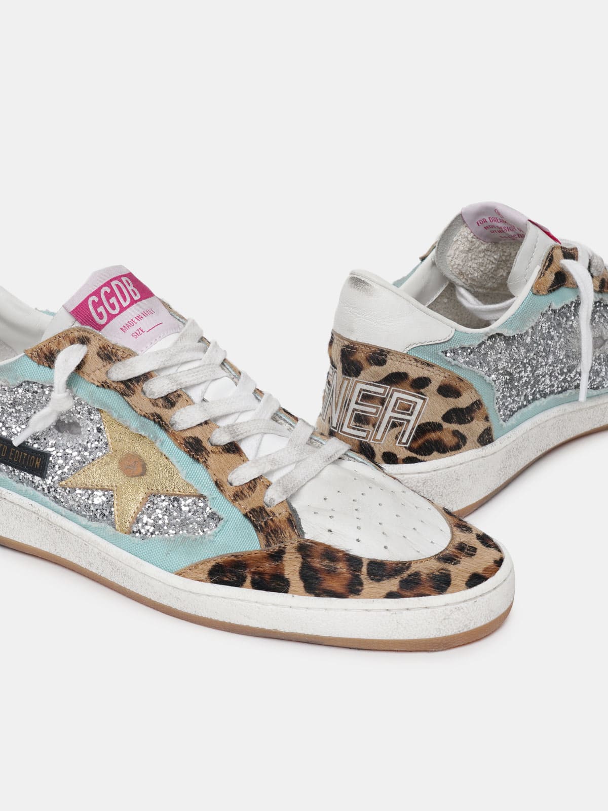 LTD Ball Star sneakers with silver glitter and leopard-print pony skin |  Golden Goose