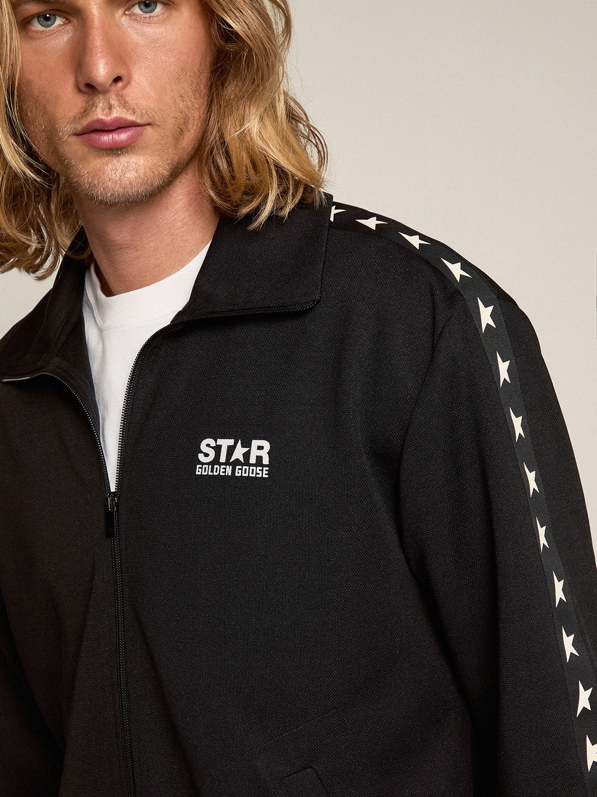 Golden Goose - Moletom masculino preto com zíper com estrelas brancas  in 