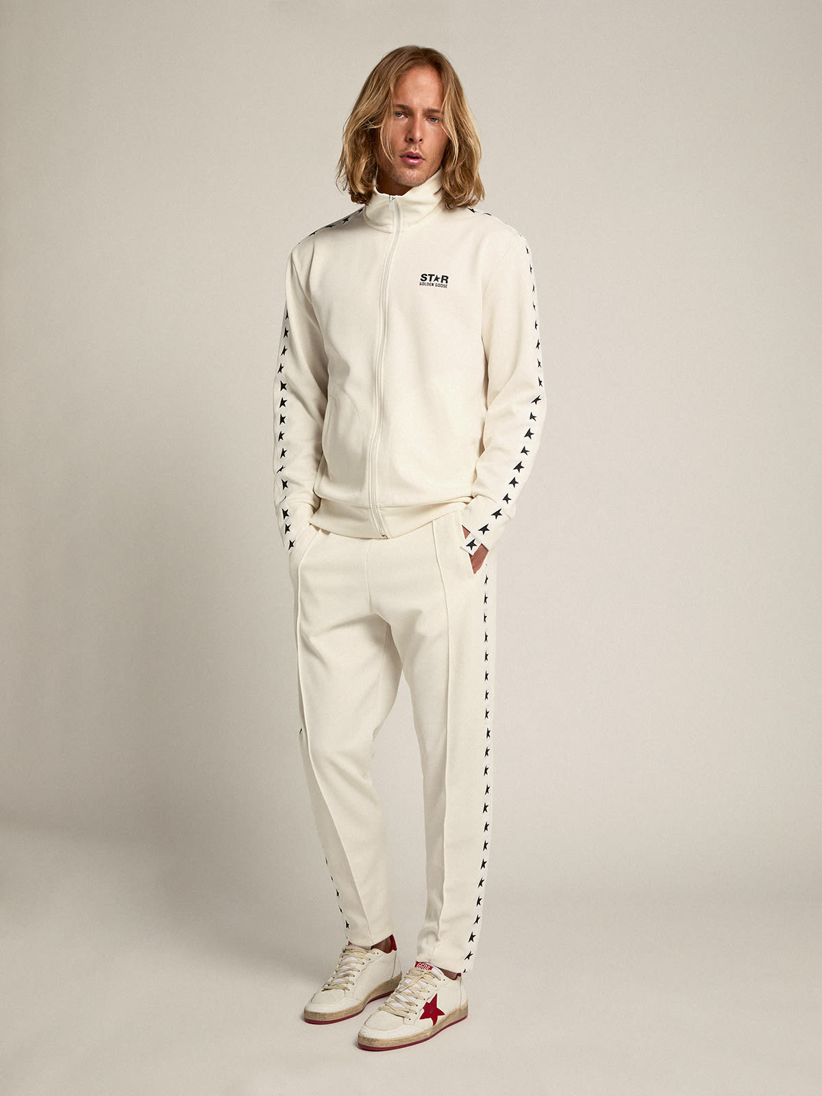 Golden Goose - Men’s white zipped sweatshirt with white strip and black stars in 