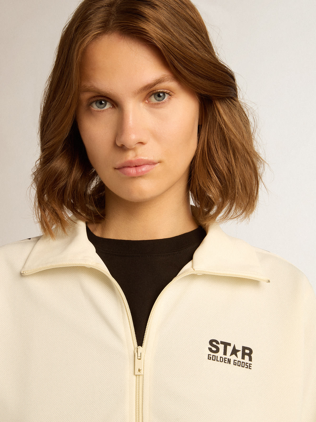 Golden Goose - Women’s white zipped sweatshirt with white strip and black stars in 