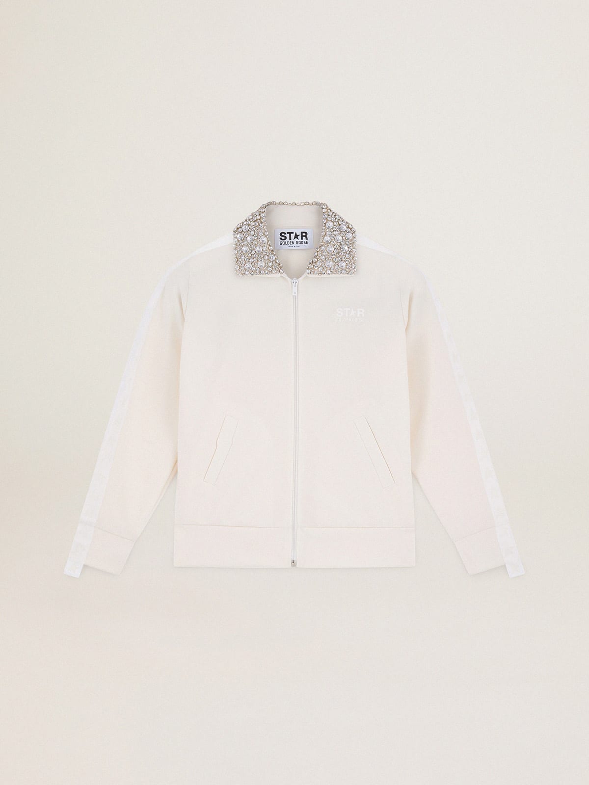 Golden Goose - Papyrus white zipped sweatshirt with crystal collar in 