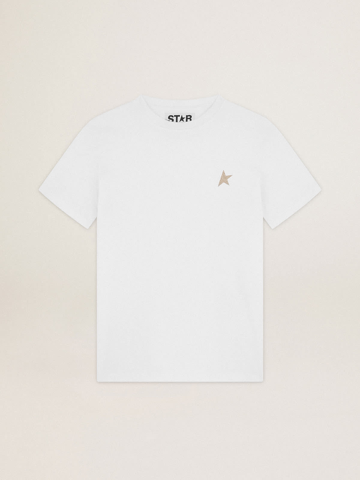 Golden Goose - T-shirt blanc pour femme avec étoile à paillettes dorées sur le devant in 
