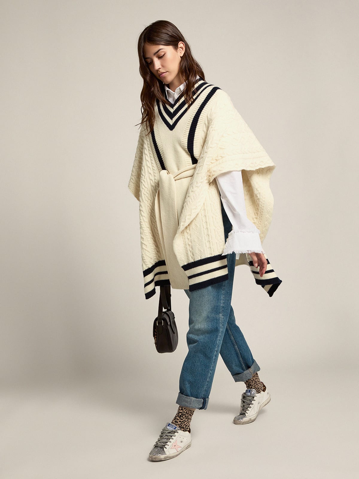 Golden Goose - Oversize Journey Collection Dane cape in natural white-colored wool with contrasting blue details in 