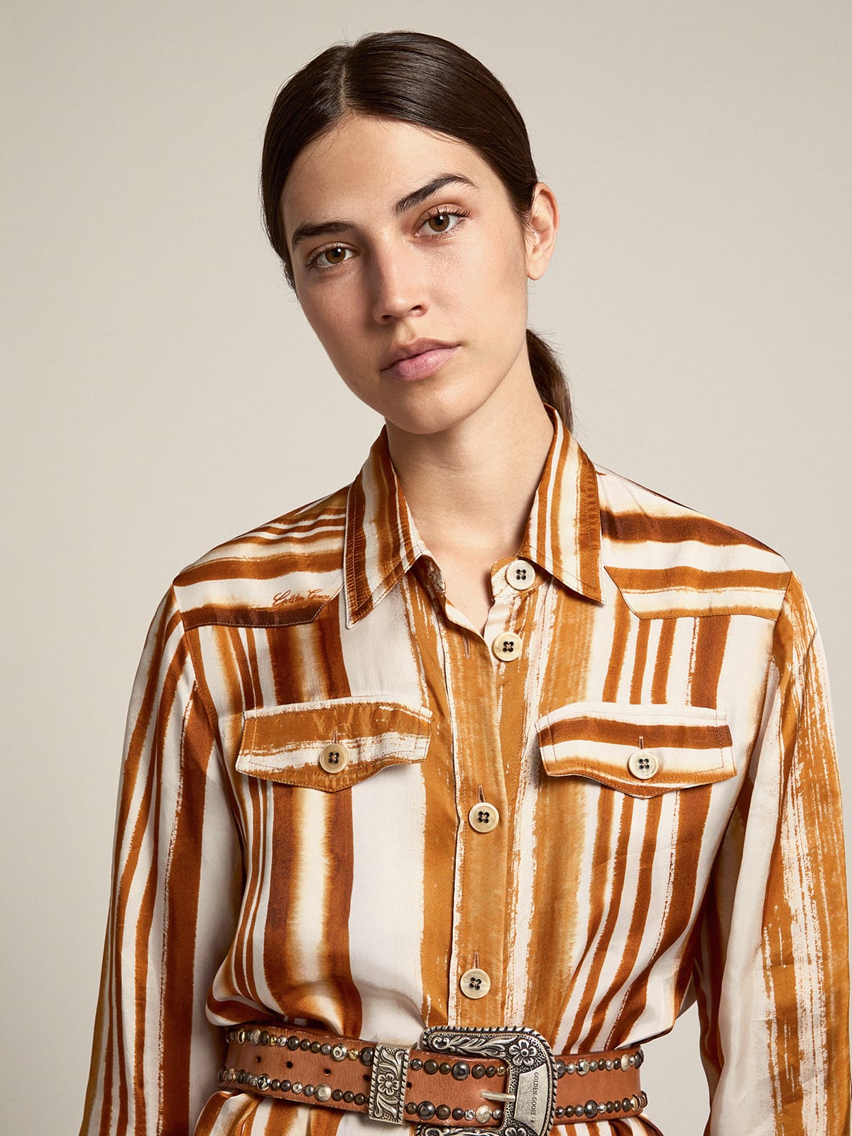 Shirt dress with watercolor-effect vertical stripe print | Golden Goose