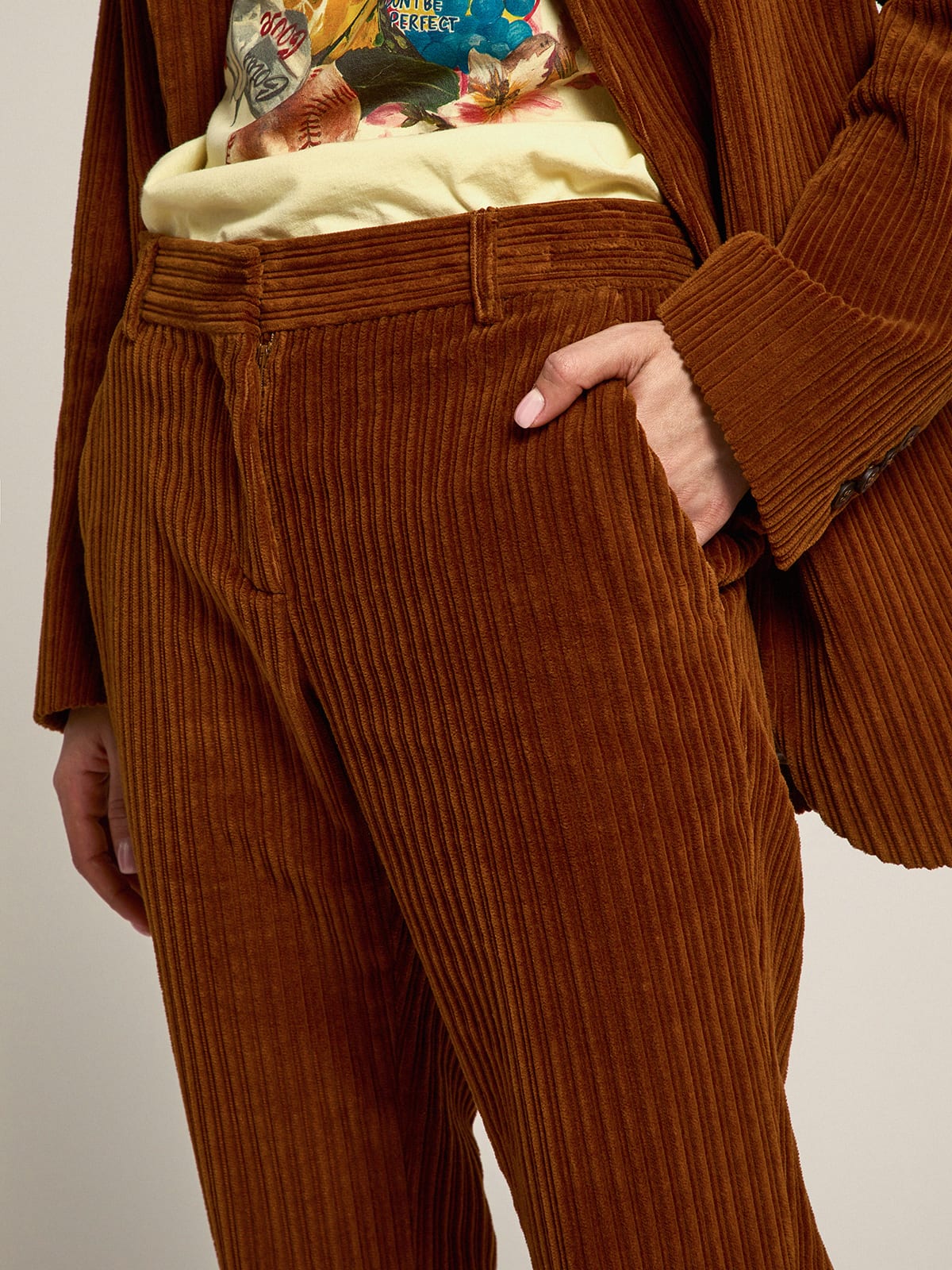 Terracotta-colored corduroy pants