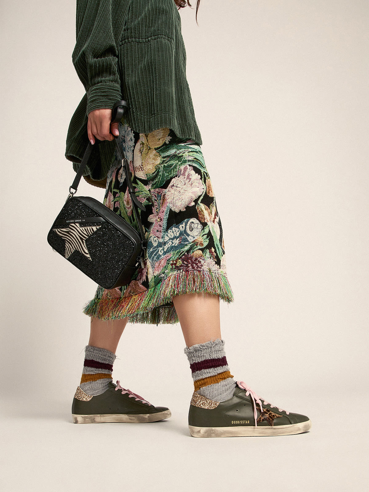 Super-Star sneakers in dark green leather with gold glitter heel tab |  Golden Goose