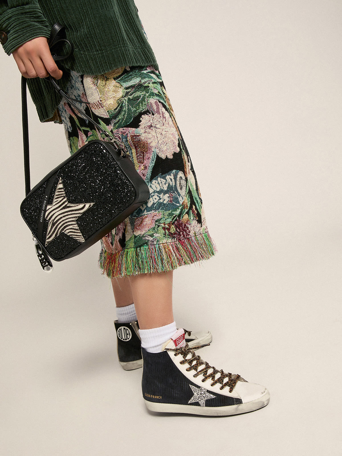 Francy sneakers in black suede with corduroy print and shearling lining |  Golden Goose