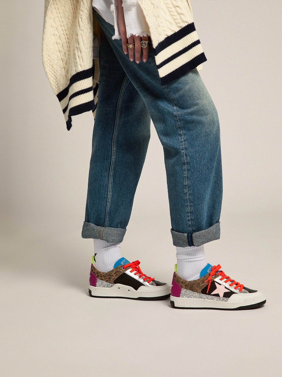 Golden Goose - Yeah sneakers with silver glitter, animal-print and colored leather patchwork in 