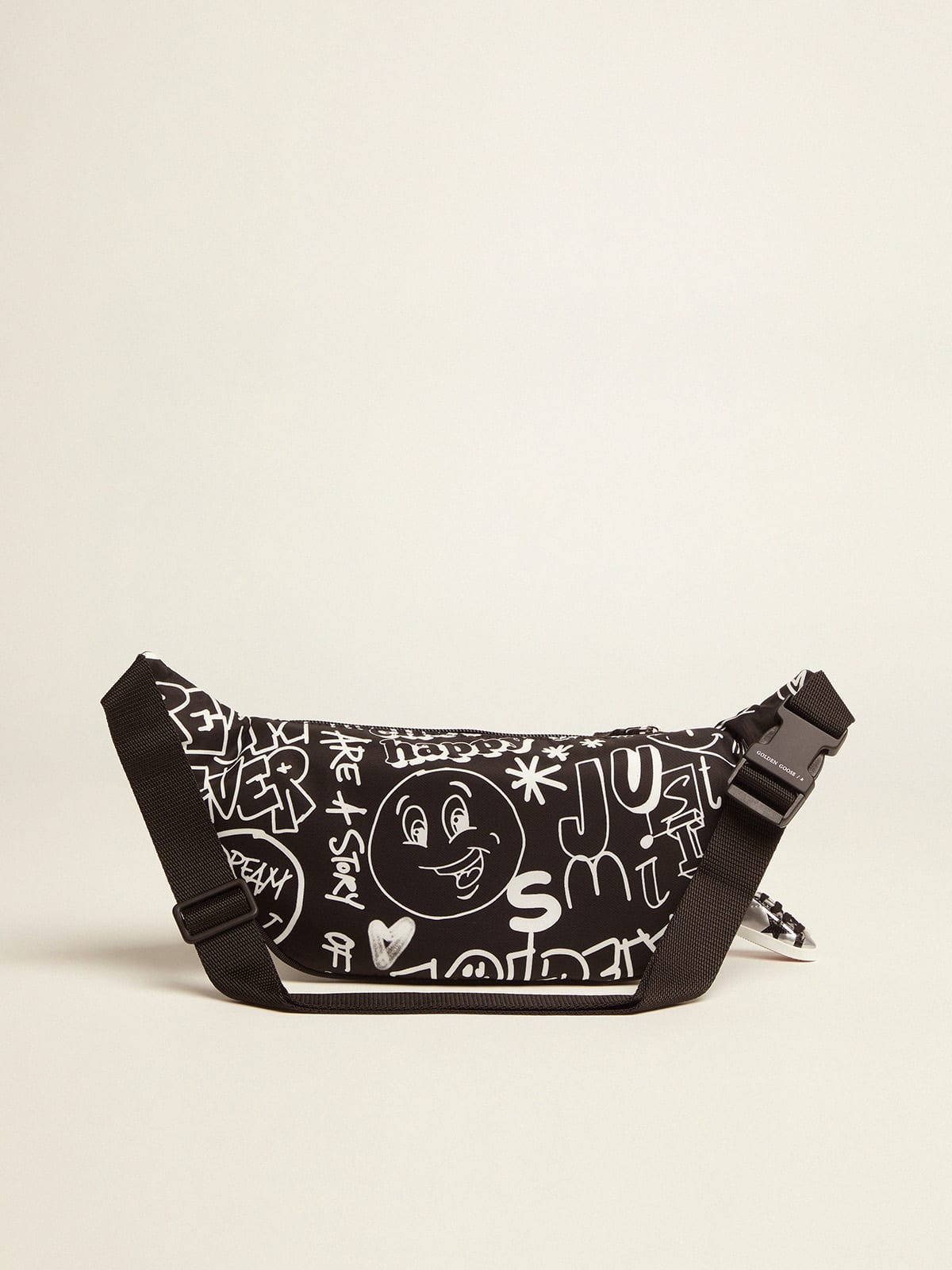 Journey belt bag in black nylon with contrasting white decorations