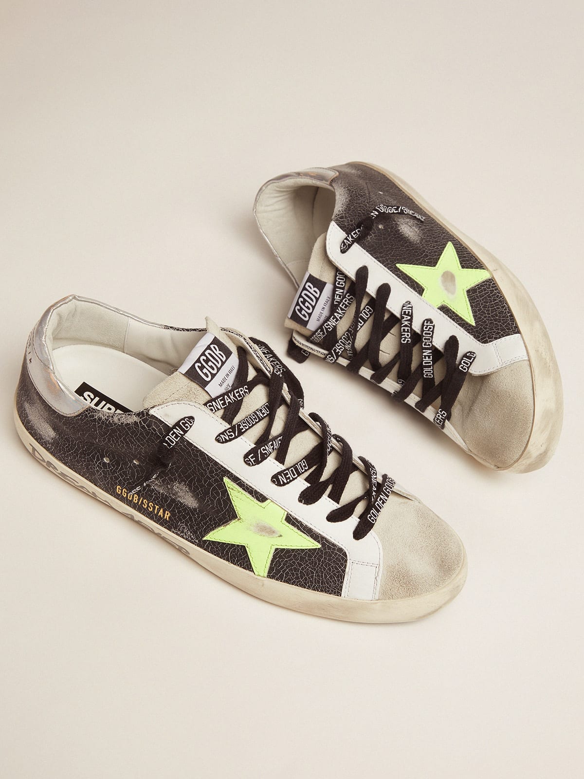 Super-Star sneakers with handwritten lettering and fluorescent yellow ...