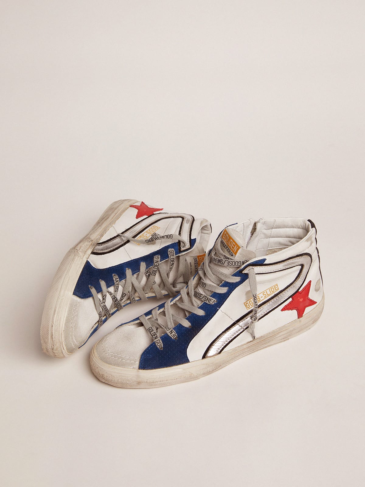 Slide sneakers in white leather with red leather star | Golden Goose