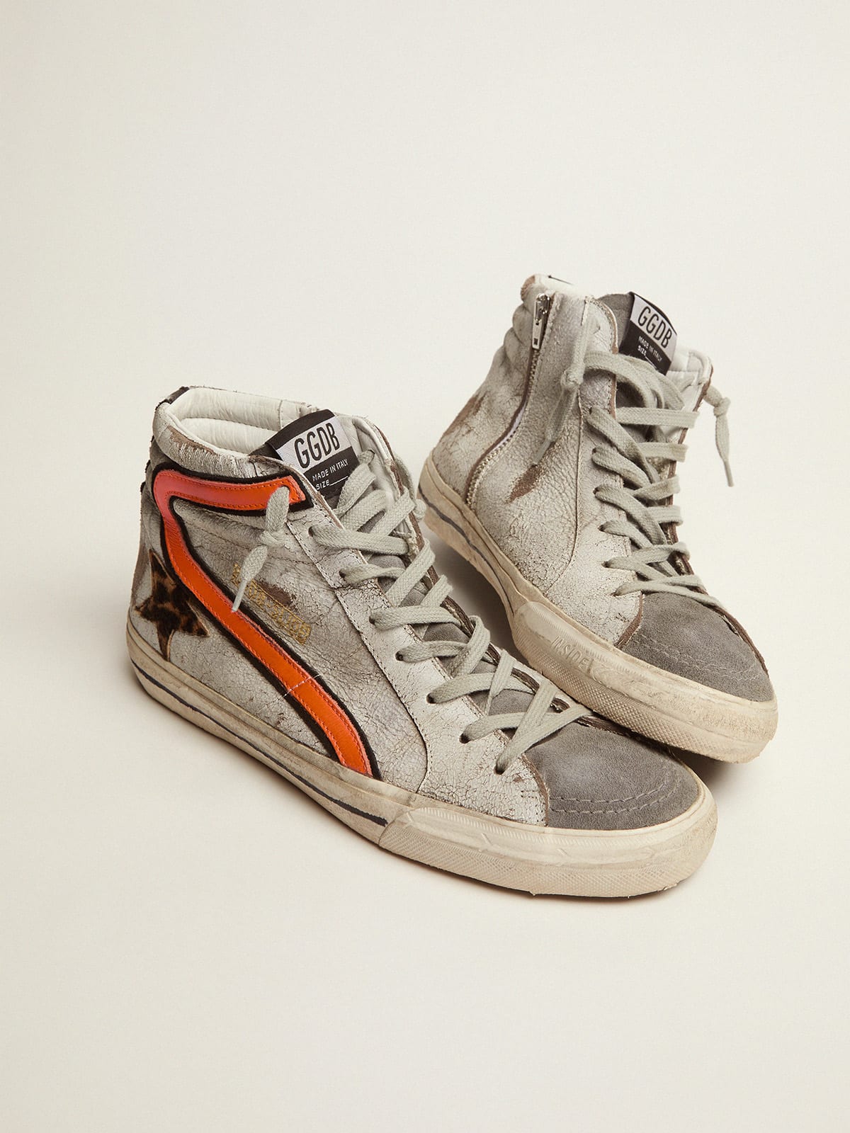 Slide sneakers in crackled suede with leopard-print pony skin star | Golden  Goose