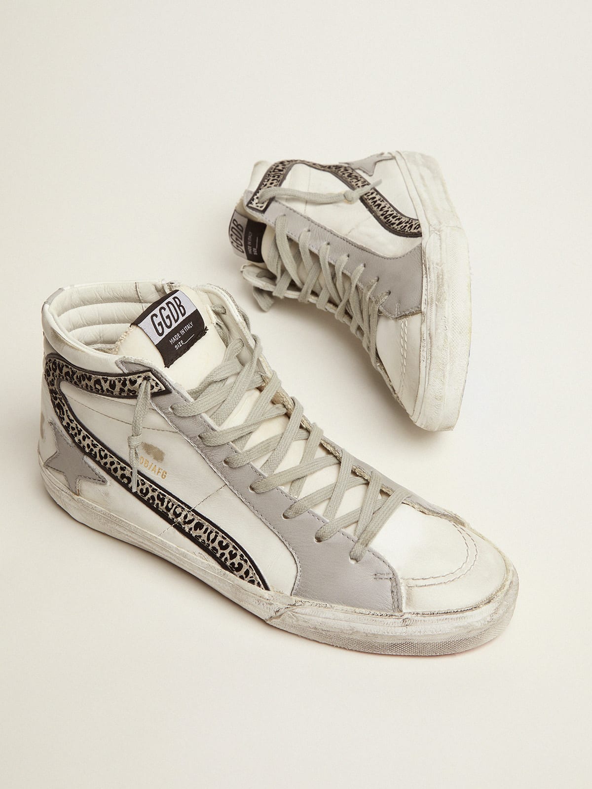 Slide sneakers with white leather upper and animal-print suede flash |  Golden Goose