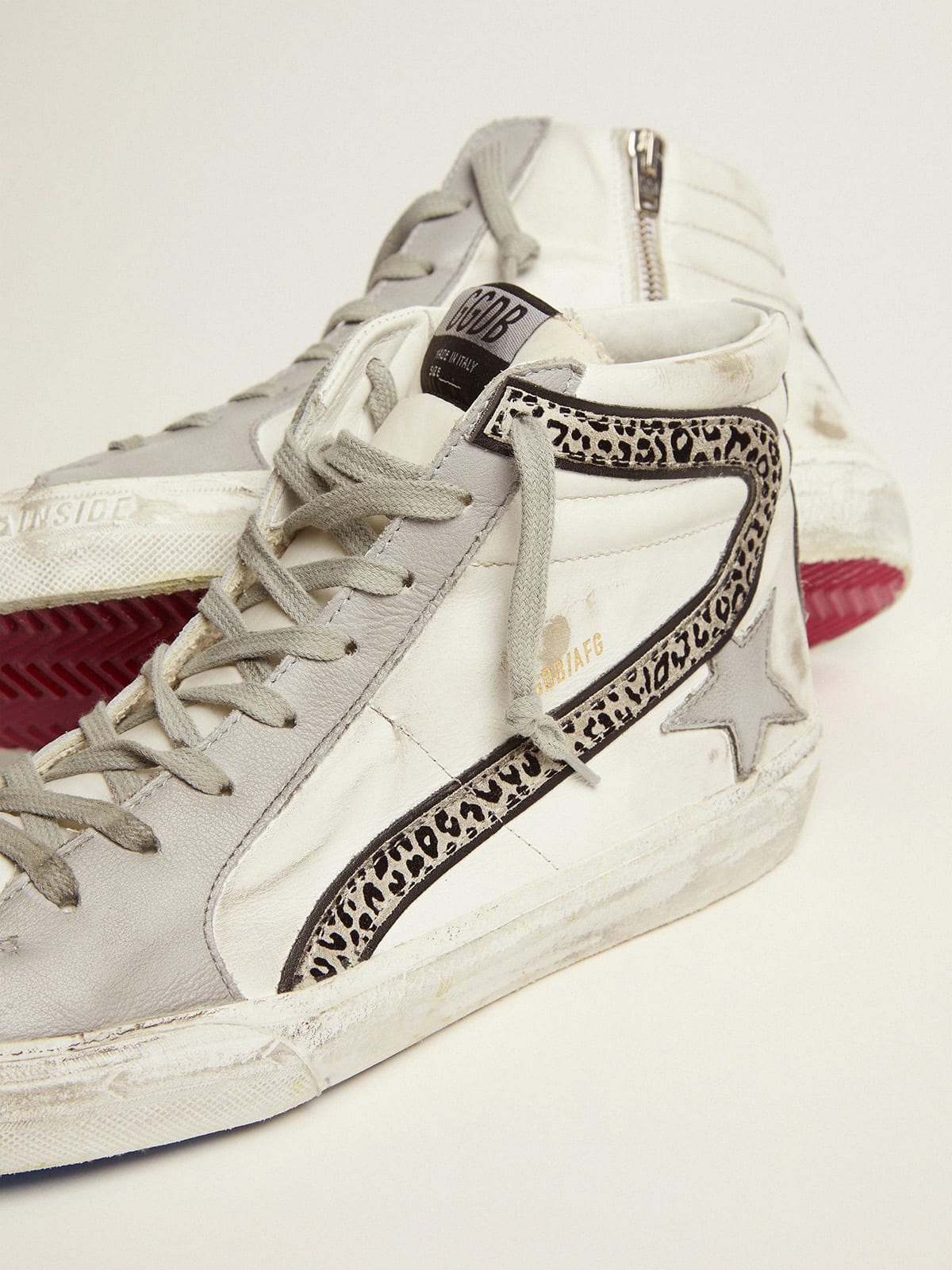 Slide sneakers with white leather upper and animal-print suede flash |  Golden Goose