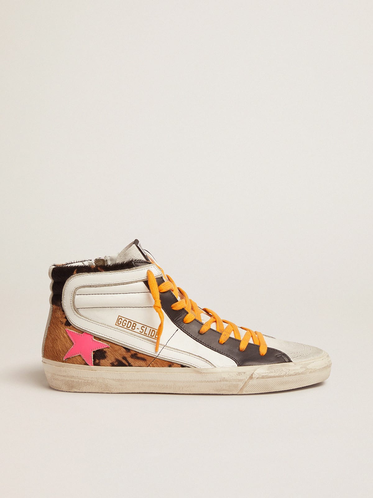 Golden Goose - Slide sneakers in pony skin with orange laces and a fuchsia star in 