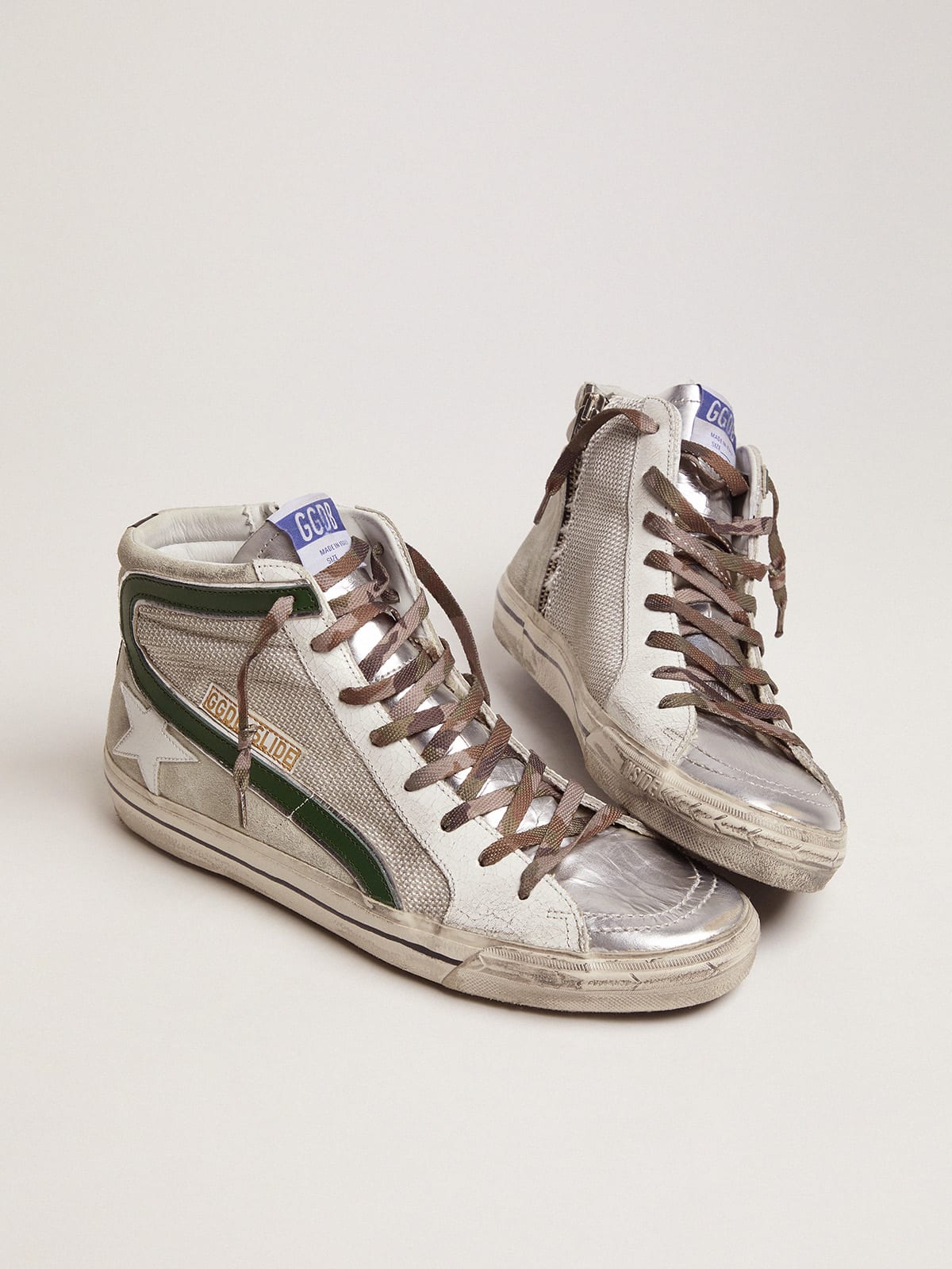 Slide LTD sneakers in leather and mesh with green flash | Golden Goose