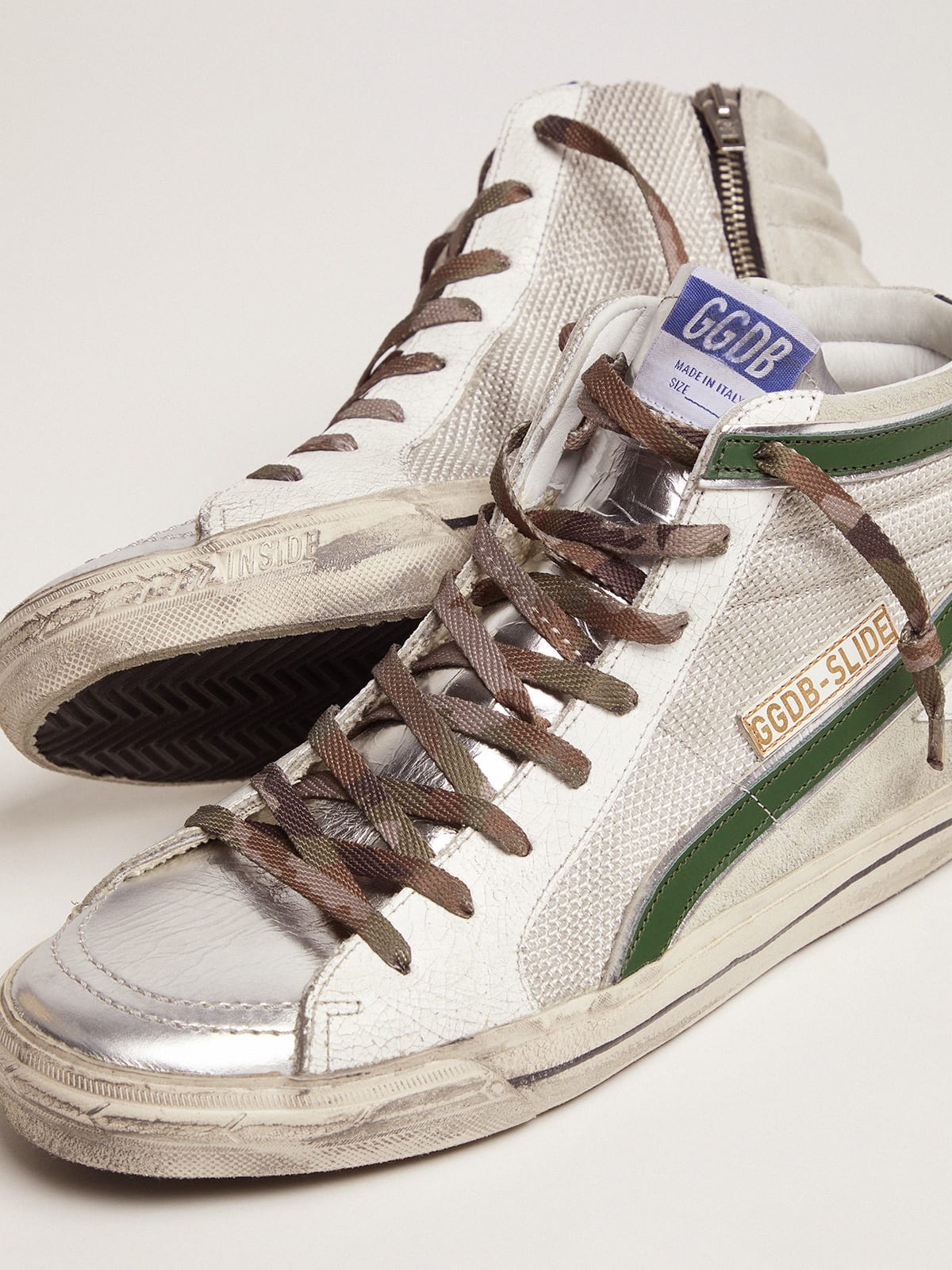 Slide LTD sneakers in leather and mesh with green flash | Golden Goose