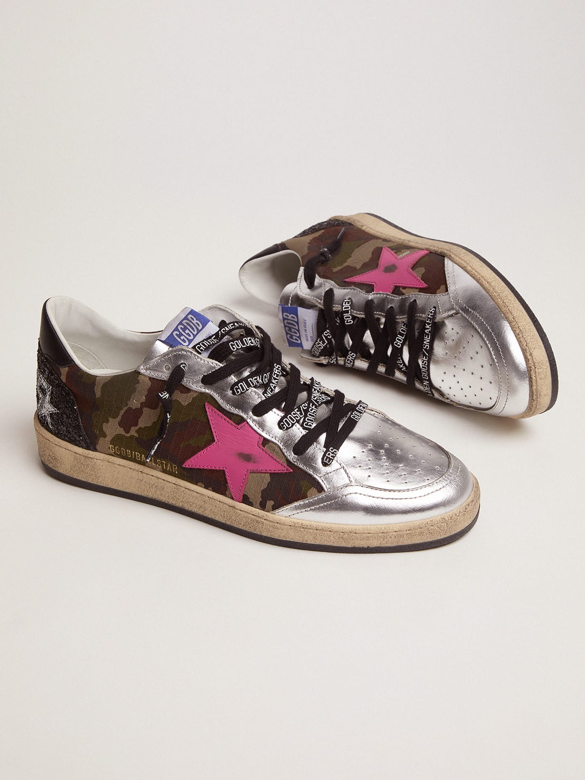 Ball Star LTD sneakers with camouflage print and fuchsia star | Golden Goose