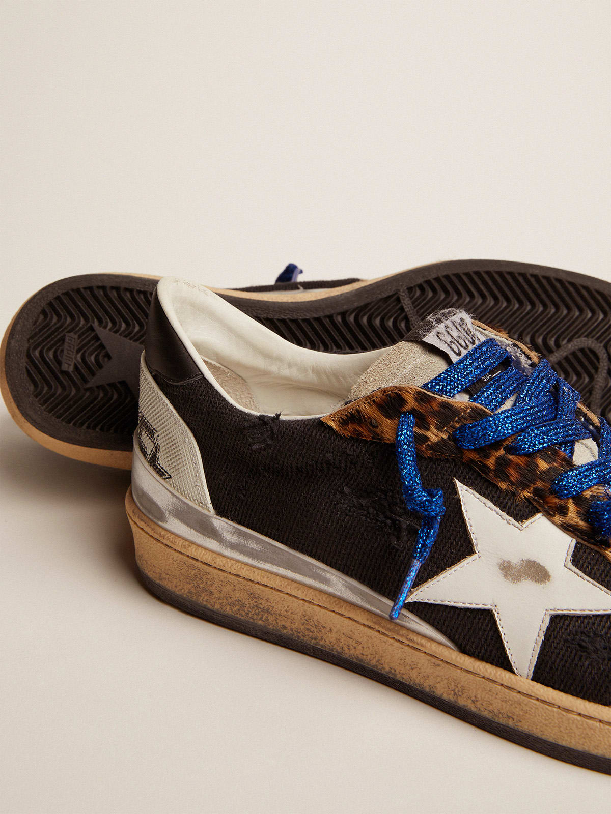 Golden Goose - Ball Star sneakers in black canvas, leopard-print pony skin inserts and multi-foxing in 