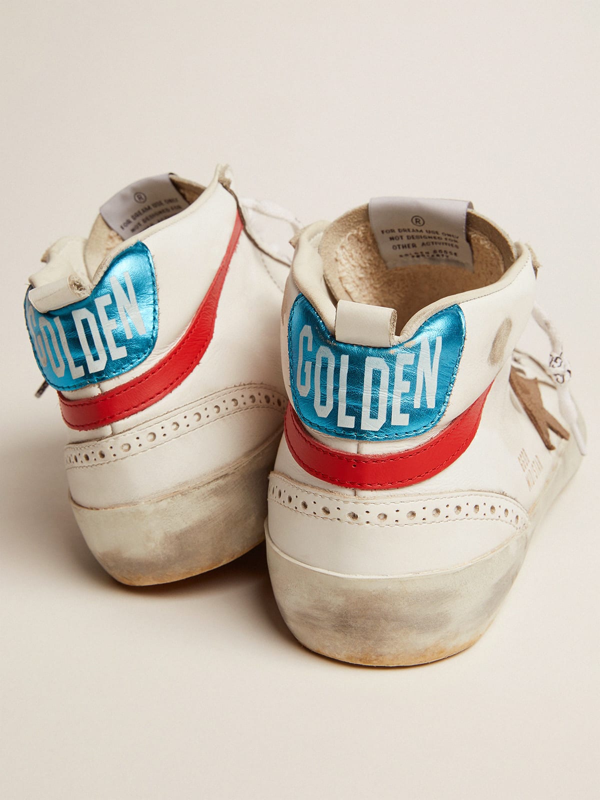 Mid Star sneakers with metallic light blue heel tab and crackled khaki star  | Golden Goose