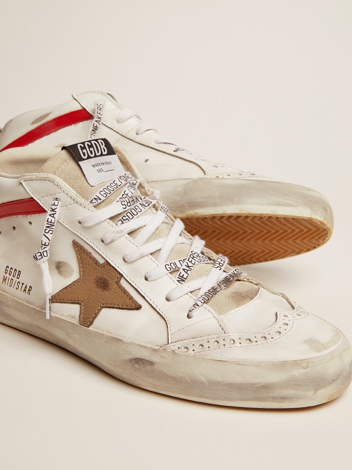 Mid Star sneakers with metallic light blue heel tab and crackled khaki star  | Golden Goose