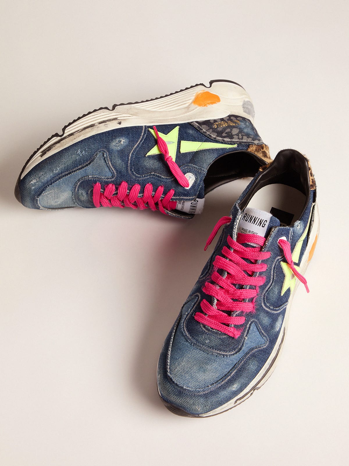 Denim Running Sole sneakers with a fluorescent star and pony skin heel tab  | Golden Goose