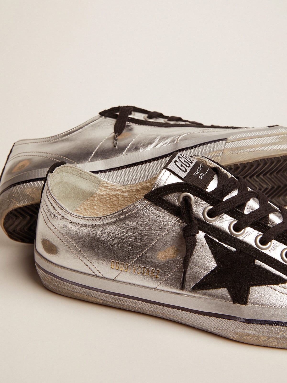 V-Star sneakers in silver laminated leather with black suede details |  Golden Goose